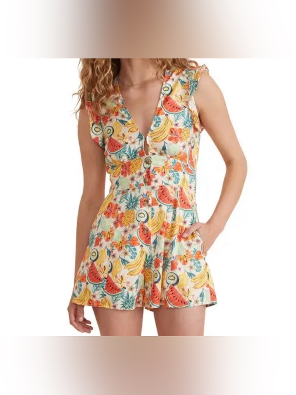 Marine Layer Camila Romper Hemp Blend Floral Fruit Tropical Vacation Travel Sz S